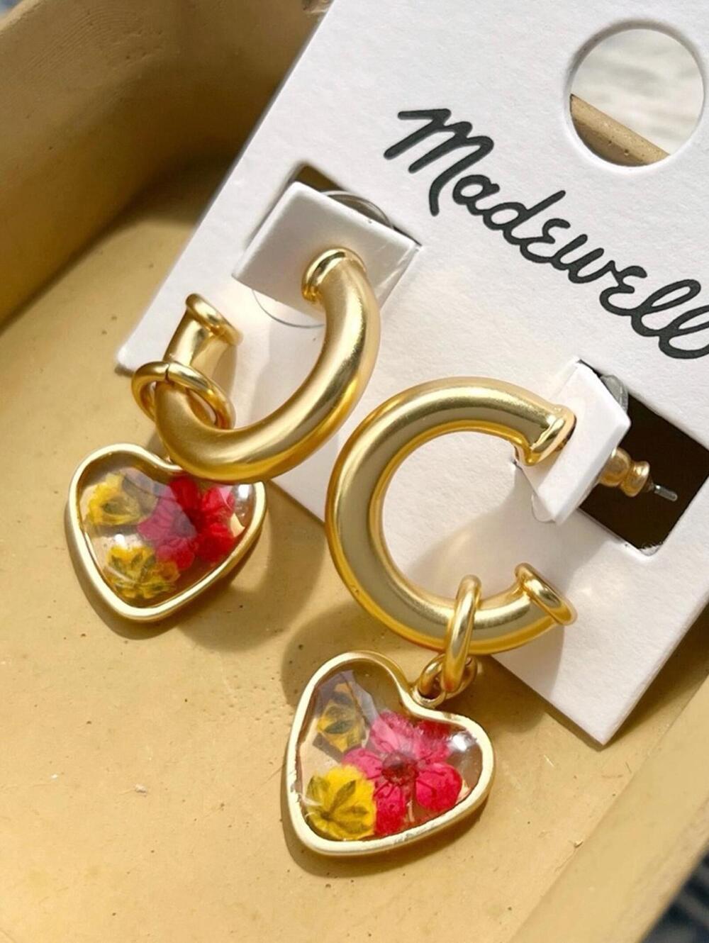 Madewell Pressed Floral Heart Huggie Hoop Earrings